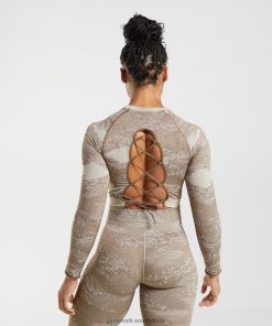 Gymshark Clothing South Africa - Gymshark Adapt Camo Seamless Lace Up Back Top Pebble Grey/Soul Brown Women 6464T4458