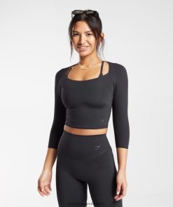 Gymshark Clothing South Africa - Gymshark Elevate 3/4 Sleeve Crop Top Black Women 6464T4422