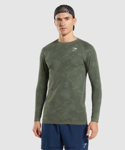 Gymshark Clothing South Africa - Gymshark Geo Seamless Long Sleeve T-Shirt Core Olive/Black Men 6464T4599