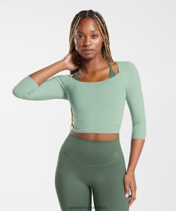 Gymshark South Africa - Gymshark Elevate 3/4 Sleeve Crop Top Desert Sage Green Women 6464T4448